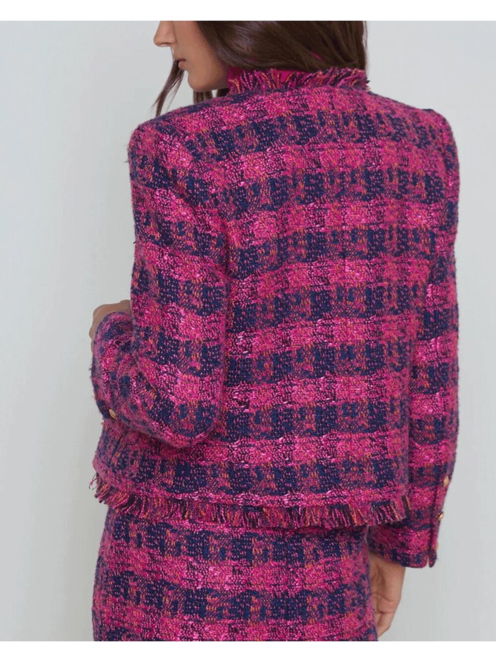 NWT L'Agence Angelina Ruby Pink Tweed Blazer Size 0 Fringe Trim Open Front $695 - Picture 2 of 5